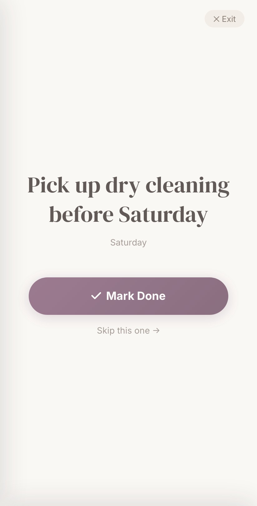 Clarity Mode showing one task full screen