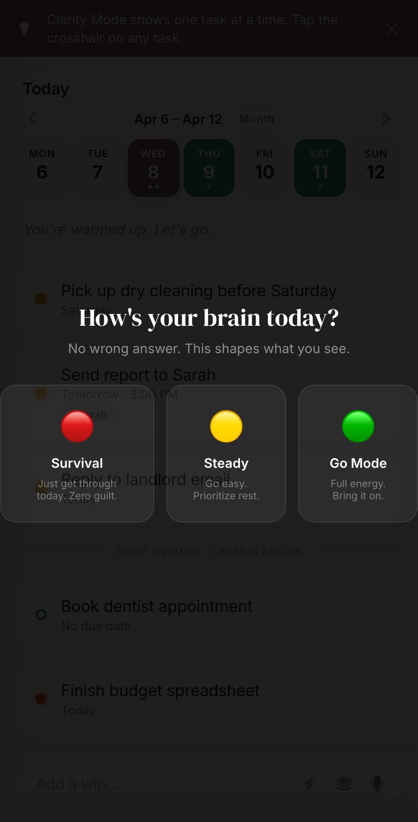 Energy Check-In with Survival, Steady, and Go Mode options