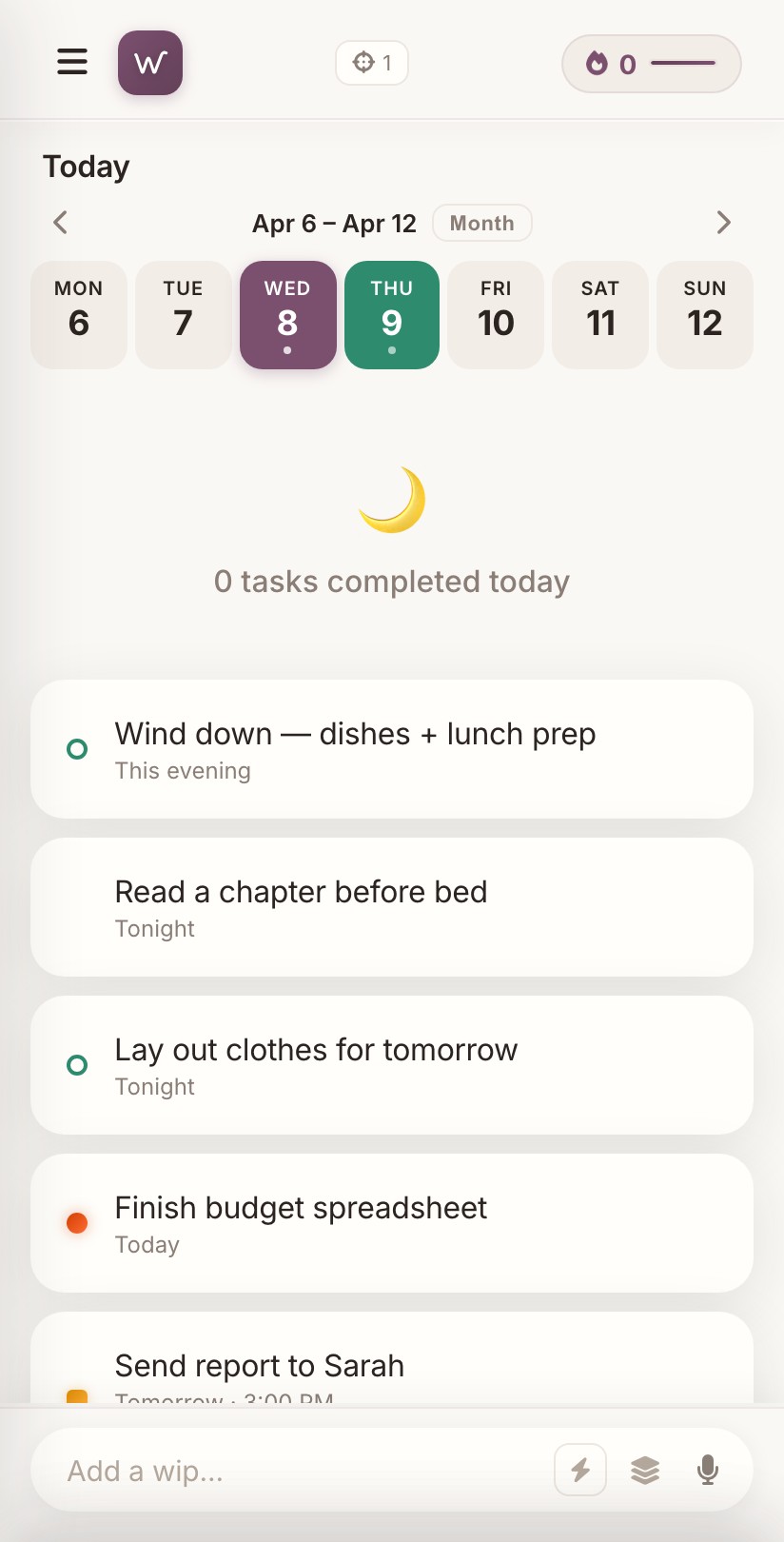 Home screen with Day Rhythm phase filtering tasks by time of day