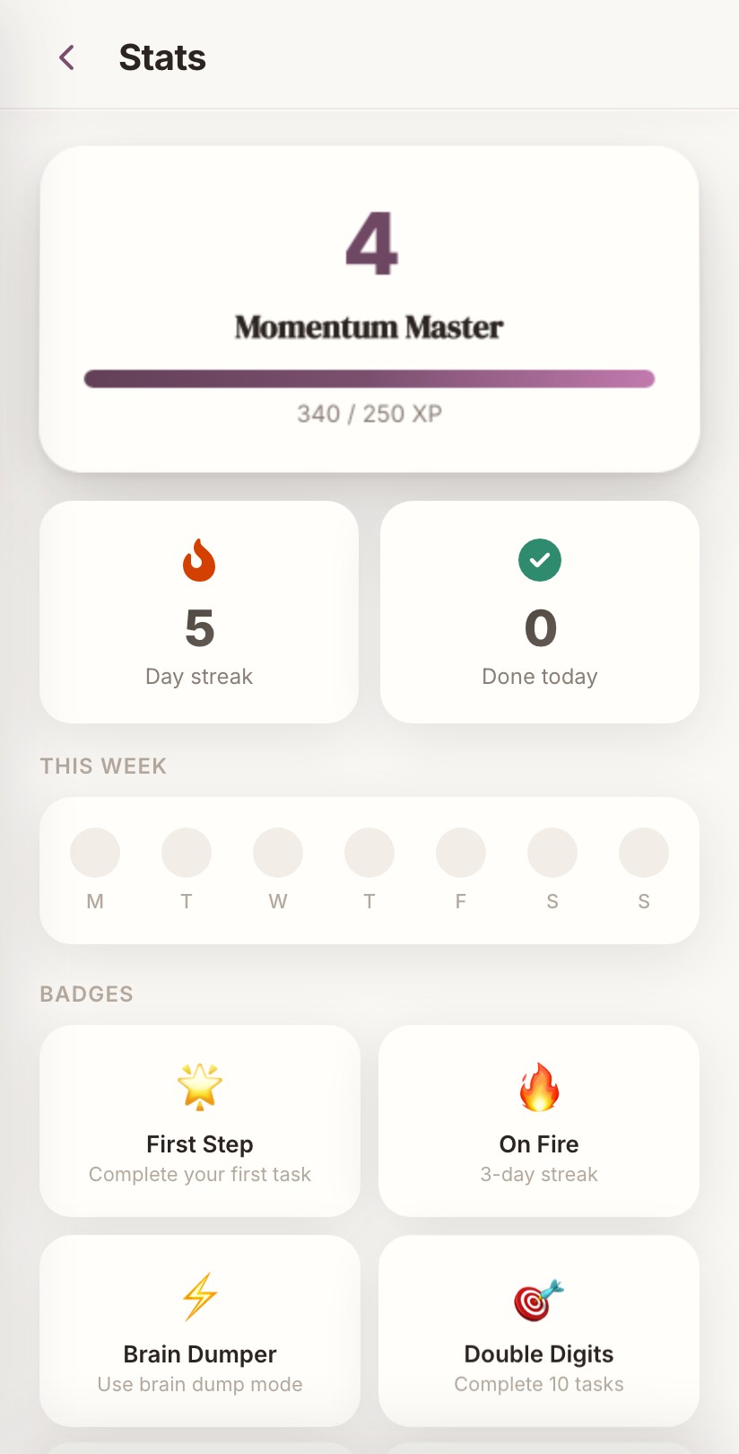 Stats screen with level, XP bar, streaks, and badges